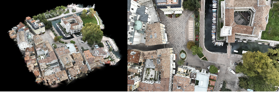 Figure 2: Drone footage converted to a 3D Gaussian Splat scene (left), zoomed in view of splat (right)